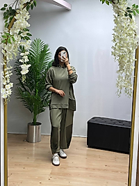 Polo Yaka Oversize Rahat İkili Takım- Haki