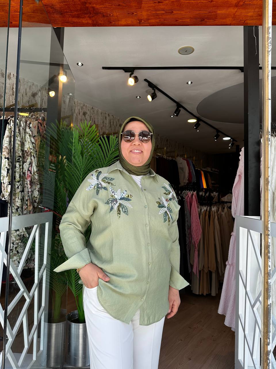 DESENLİ KETEN GÖMLEK - YEŞİL