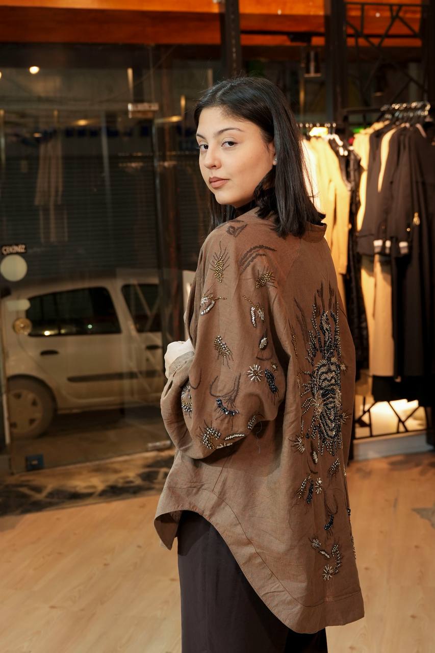 Yeni Sezon Desenli Salaş Kimono- Kahve