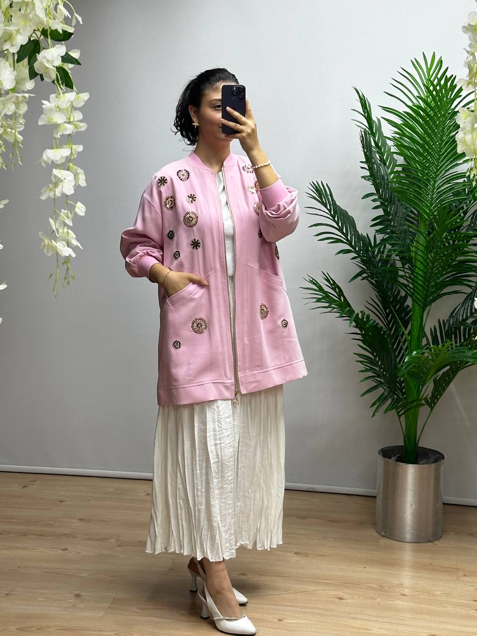 Desenli Fermuarlı Ceket- Pembe